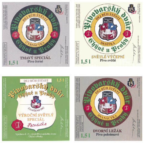 Etikety vydan� k 15. v�ro�� Pivovarsk�ho dvora Ch�n� u Prahy