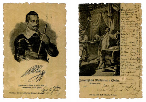 Pohlednice s portrétem a faksimilí podpisu Albrechta z Valdštejna a se scénou jeho zavraždění v roce 1634. - Tisk: Ludvík Kaucký, Praha III, Malá Strana 1902 Pohlednice s portrétem a faksimilí podpisu Albrechta z Valdštejna a se scénou jeho zavraždění v roce 1634. - Tisk: Ludvík Kaucký, Praha III, Malá Strana 1902