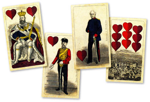 N�meck� ��sk� karty - N�meck� barvy, jednotliv� figury; V�robce: J. G. Schulze, n�stupce; Lipsko okolo roku 1875; 32 list�;